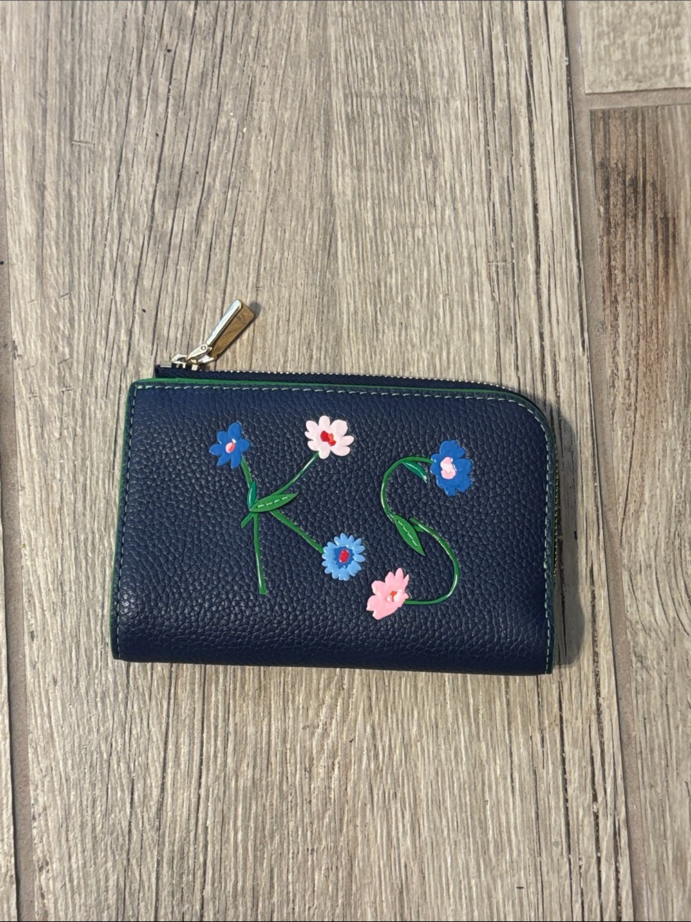 kate spade navy floral leather zip card wallet with pink & blue flowers